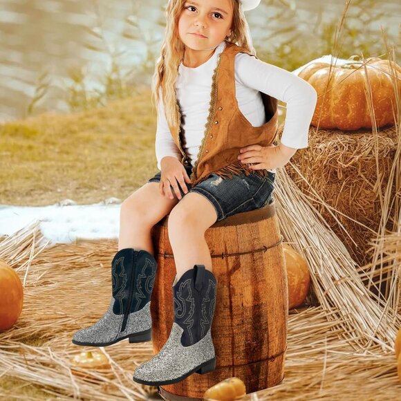 xinlanlin Kids  Sequins Silver Embroidered Square Toe Calf Glitter Western Boots - Picture 6 of 6